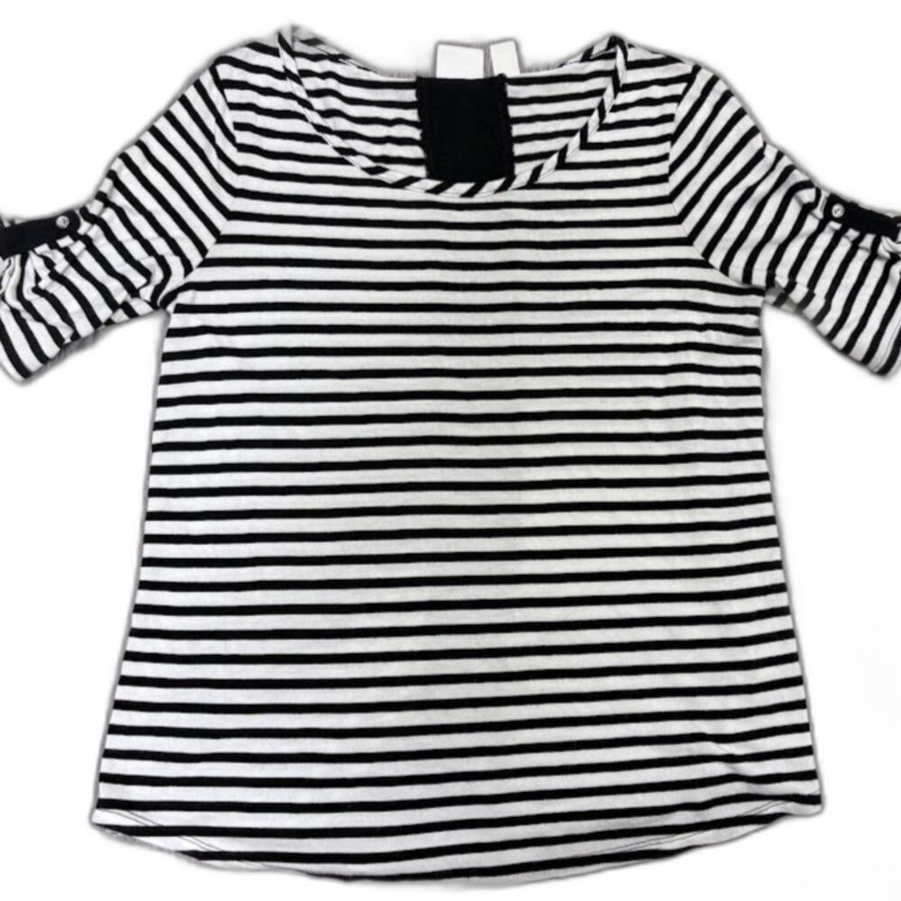 Zenergy by Chico's Tee S Black White Stripe Roll Tab Modal Normcore Chic